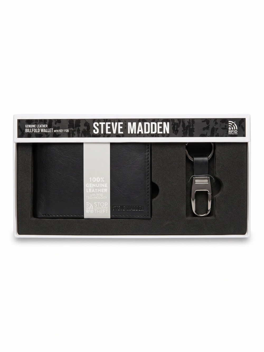Steve Madden Black Leather RFID Bifold Wallet Key Fob Gift Set
